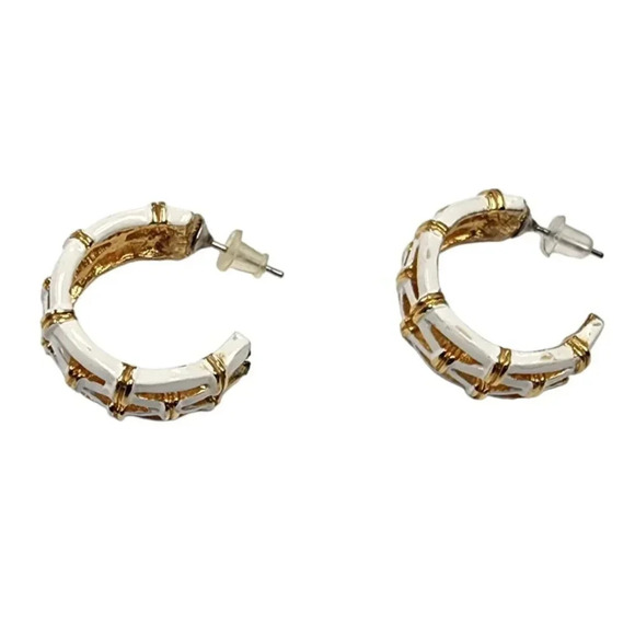 Vintage White Enamel Bamboo Half Hoop Earrings Gold Tone - Picture 2 of 4